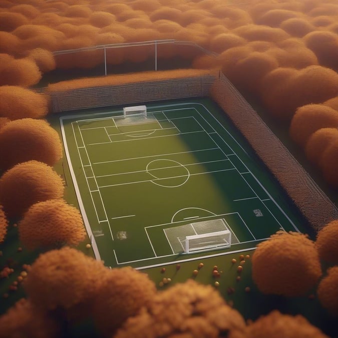 A vibrant soccer field bathed in the warmth of autumn, with orange trees lining a brick wall.