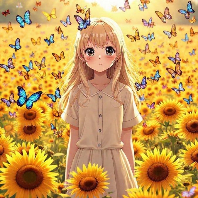 A beautiful anime girl stands in a field of sunflowers, surrounded by a swarm of colorful butterflies. The girl's shy expression and the vibrant colors of the butterflies create a captivating scene.