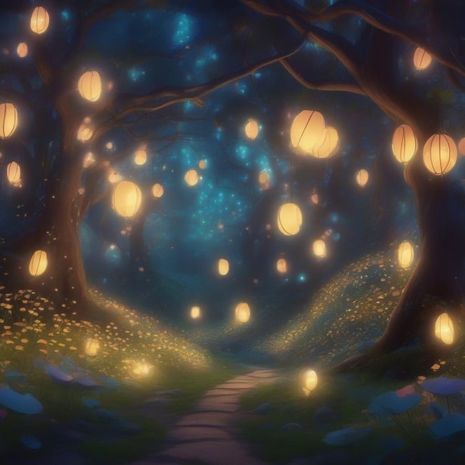 A whimsical journey through an enchanted forest, bathed in the soft glow of lanterns.