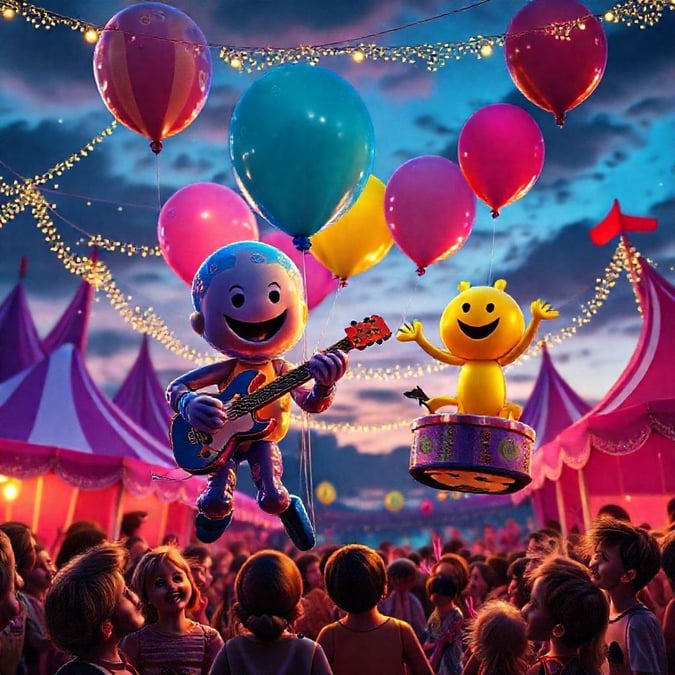 A lively carnival scene at dusk with balloons soaring in the sky, a performer playing guitar on stage, and children's faces filled with joy and anticipation.