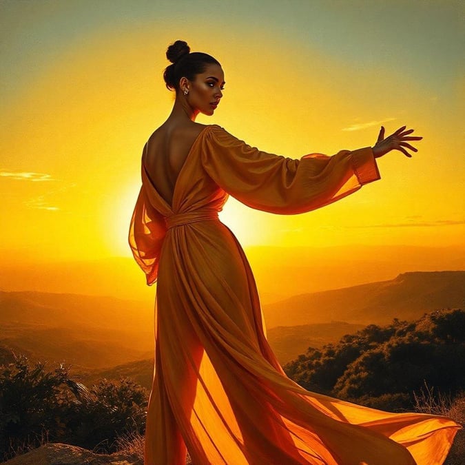 A woman in a flowing orange dress stands atop a hill, her arms outstretched as the sun sets behind her.