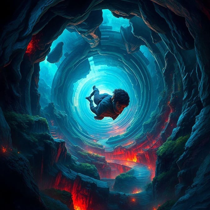 Explore the depths of an otherworldly landscape that defies gravity, where every surface seems to be a trapdoor. A lone figure falls through the center, reaching out for anything solid, in this vivid digital painting that combines elements of adventure and fantasy.