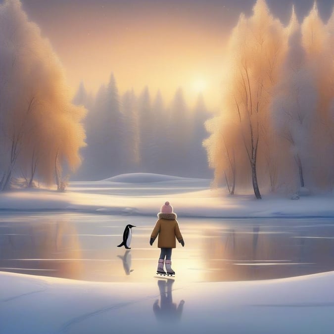 This festive winter wallpaper captures the magic of the season with a serene winter scene, featuring a child ice skating with a penguin on a frozen lake, surrounded by snow-covered trees and a warm sunset, perfect for desktop and mobile devices.