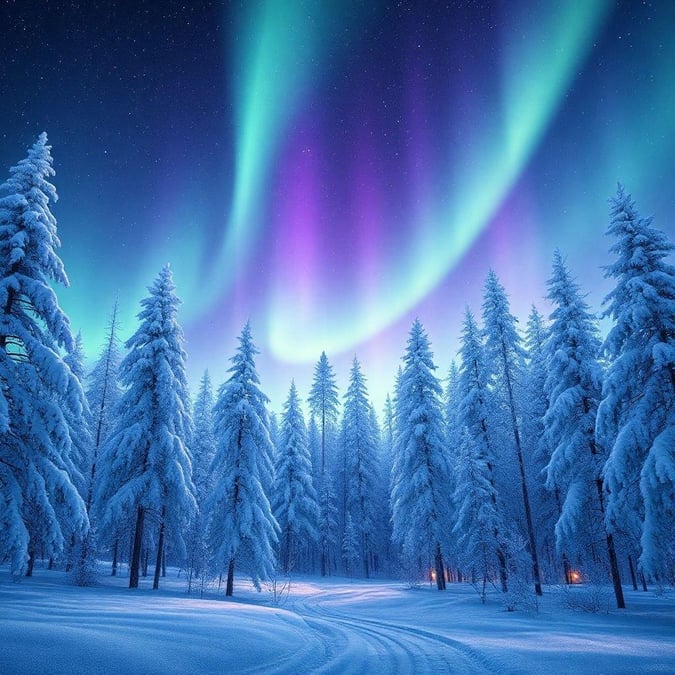 Majestic aurora borealis cast a magical glow over the snowy forest. A tranquil winter scene with the northern lights illuminating the landscape.