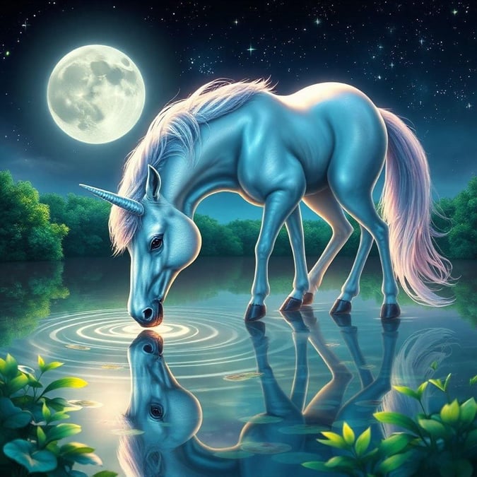 A mystical unicorn takes a quiet midnight dip in the enchanted waters, as the full moon casts its gentle glow. This wallpaper brings a touch of magic to your desktop or mobile device.