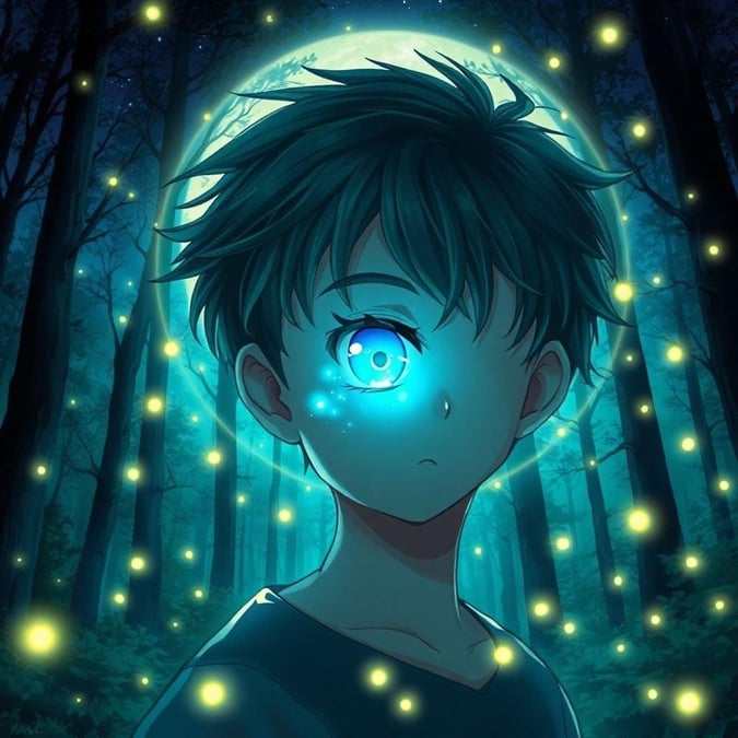 A captivating digital artwork featuring a young boy with striking blue eyes set against a serene forest backdrop under a full moon. The ethereal glow of fireflies and the boy's glowing eye create an enchanting and mysterious atmosphere, reminiscent of beloved anime characters.