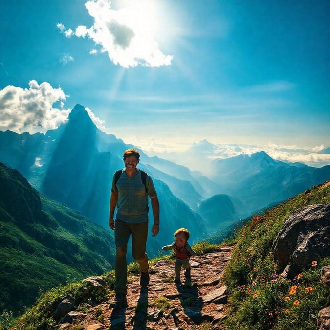 An adventurous dad with his young child, exploring the majestic mountain trails on a clear day.