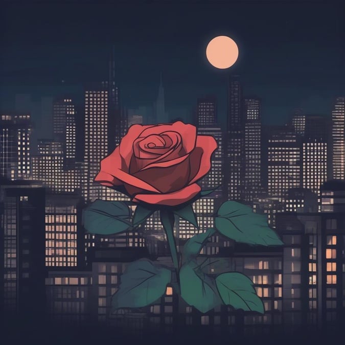 A beautiful wallpaper featuring a rose in the foreground with a city skyline and a full moon in the background, perfect for desktop and mobile use.