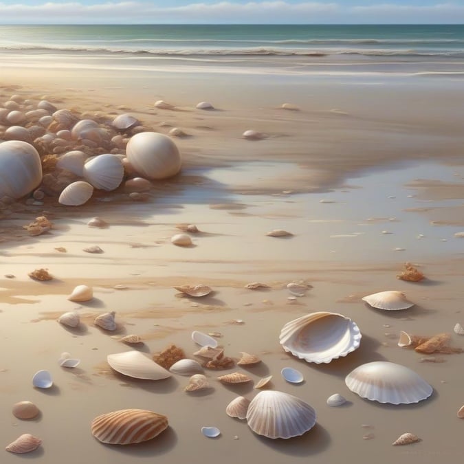 A tranquil beach scene, where the gentle tide has left a scattering of seashells on the sandy shore. The light is soft and inviting, suggesting either sunrise or sunset. This image would make for an idyllic desktop wallpaper.