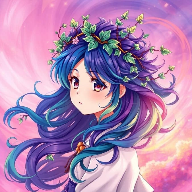 A captivating anime illustration of a young girl transformed into a magical girl, with a crown of leaves and vines adorning her vibrant, swirling hair.