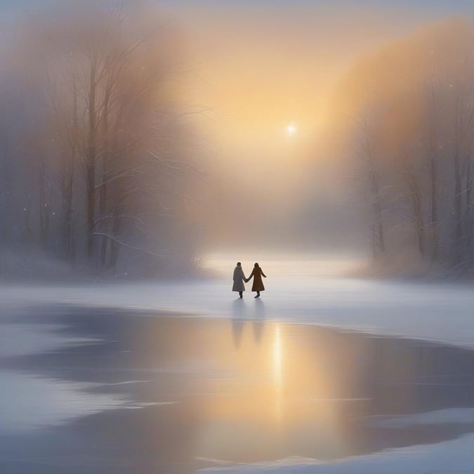 A serene winter scene with a couple embracing in the snow, perfect for Valentine's Day.