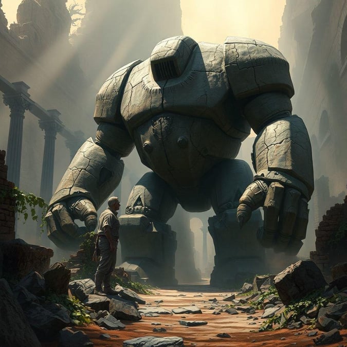 A fantasy scene featuring an ancient mech robot standing amidst a stone ruin, with a human character nearby.