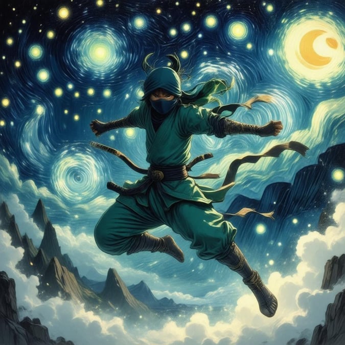 Diese fesselnde Anime-Illustration zeigt einen Ninja in der Luft, vor einem atemberaubenden sternenklaren Nachthimmel. Der lebendige blaue und grüne Körper des Ninjas ist mit komplizierten Mustern verziert, während der dunkle Hintergrund seine Präsenz hervorhebt. Das Bild strahlt eine Atmosphäre der Ruhe aus und lädt die Betrachter ein, die Geheimnisse der Welt zu erkunden.