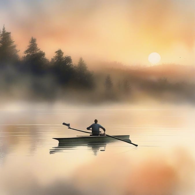 Relaxing morning scene with a person rowing a canoe on calm water, surrounded by forest, during the sunrise. Breathtaking nature image for wallpaper.