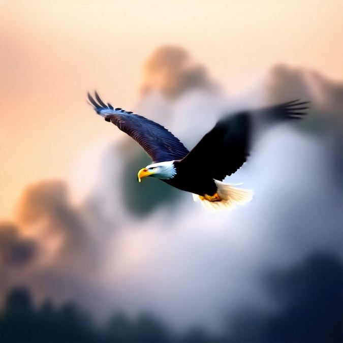 A majestic golden eagle takes flight into the beautiful evening sky, embodying freedom and the spirit of nature.