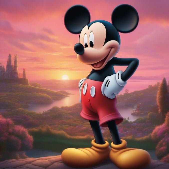 Brightly lit castle with Mickey Mouse standing in front, overlooking a serene landscape at sunset. Disney wallpaper for desktop and mobile devices.