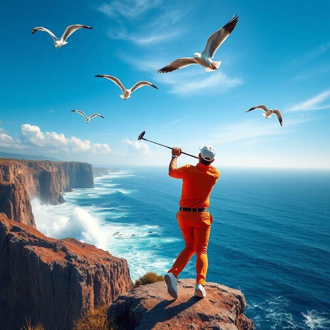 Enjoy a round of golf with stunning coastal views. The golfer, dressed in vibrant orange, is surrounded by seagulls as they play against the backdrop of a rocky cliff and sparkling ocean.