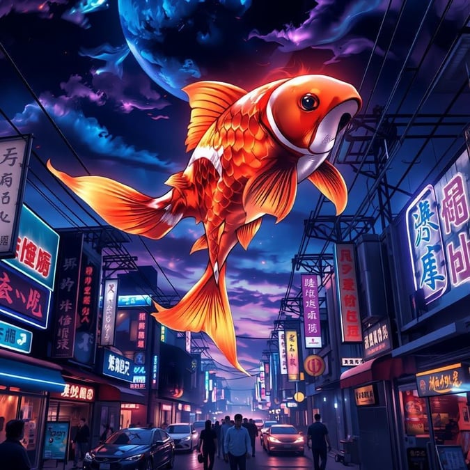 This anime-inspired wallpaper features a stunning giant koi fish swimming in the sky, surrounded by a bustling city street at dusk. The vibrant orange and yellow fins of the fish stand out against the dark night sky, while the colorful neon lights in the foreground add to the anime-like atmosphere.