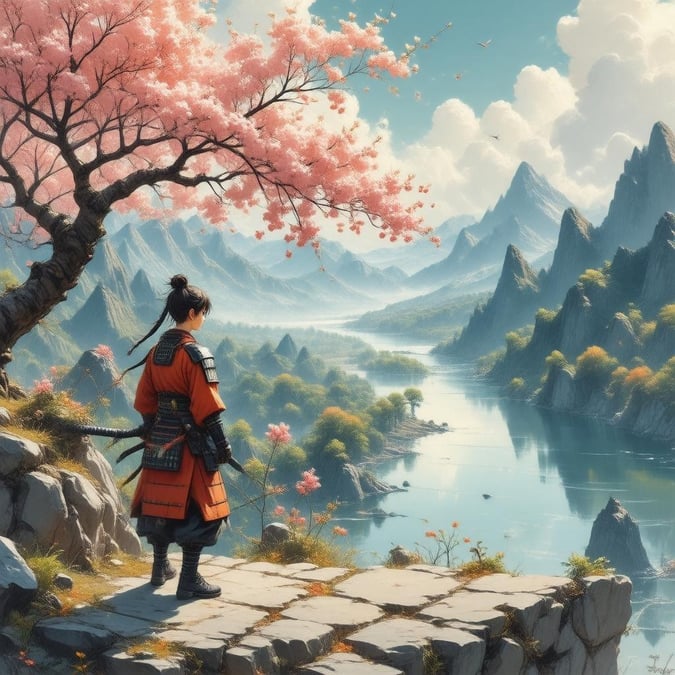 This stunning wallpaper features a young samurai standing on the edge of a cliff, gazing out at a breathtaking landscape of cherry blossom trees and a river. The warm yellow and orange hues evoke a sense of calm and tranquility, with a hint of fantasy.