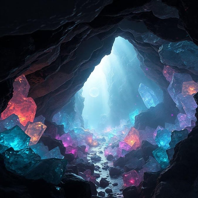 A magical world where crystals glow with vibrant energy, beckoning adventurers into the depths.