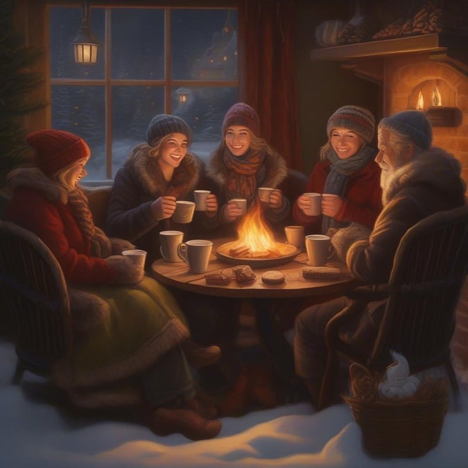 A cozy winter gathering with friends, sharing stories by the warmth of a fire. Festive Winter cheer in full swing!