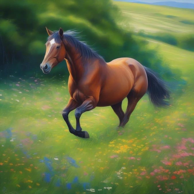 This stunning wallpaper captures the beauty of nature and the grace of a horse in motion. The horse's flowing mane and tail add to the sense of movement and energy, while the wildflowers in the background provide a pop of color and vibrancy.