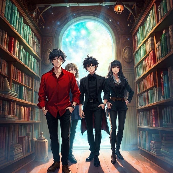 Step into a world of wonder with this captivating anime wallpaper, where four characters stand amidst the shelves of an old bookstore, inviting you to explore the magical realm beyond.