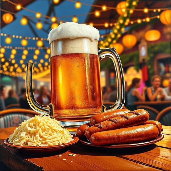 Join the merriment at an Oktoberfest celebration with a frothy mug of beer, a hearty serving of bratwurst, and crispy cheese to complete your authentic German feast.