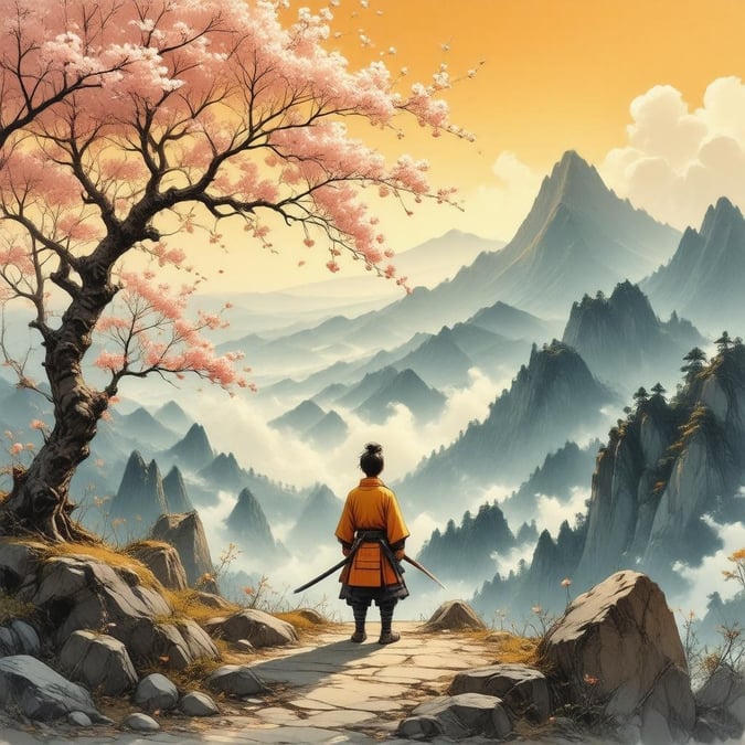 A young samurai embarks on a journey through misty mountain paths, surrounded by the beauty of cherry blossoms. This detailed anime wallpaper captures the spirit of adventure and serenity in nature.