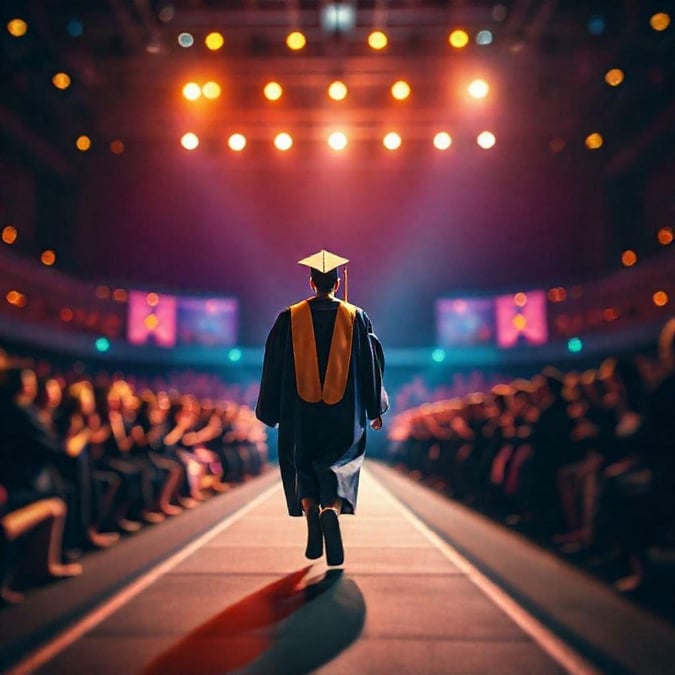 A graduating student, dressed in traditional academic regalia, confidently strides toward a crowd of cheering family and friends during commencement ceremonies.