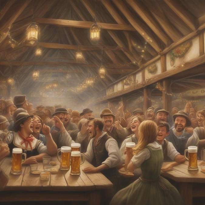 A lively scene from the world-renowned beer festival in Munich, Germany. A group of joyful people are enjoying their mugs of frothy ale and hearty foods. The ambiance is bustling with merriment as is typical at this annual celebration.