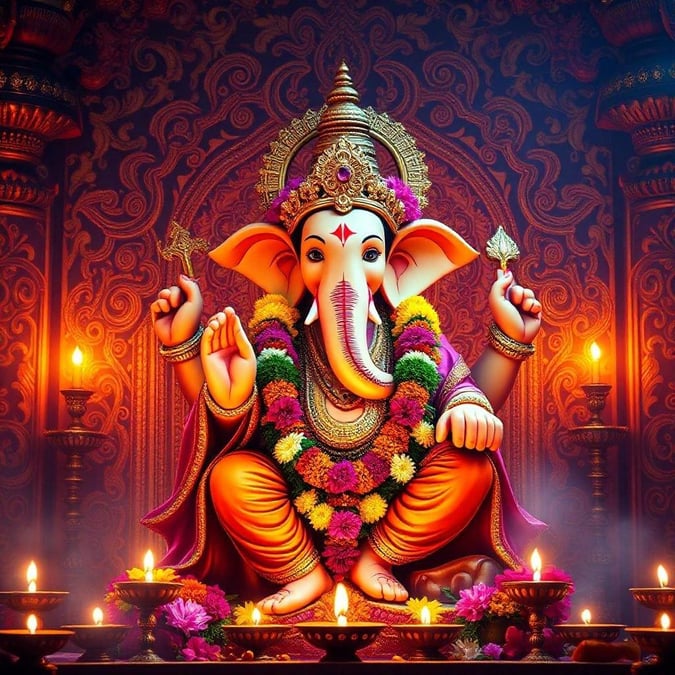 Celebrate Diwali with this stunning image of Ganesh, the remover of obstacles and the god of wisdom. With his four arms, he holds symbols of knowledge, prosperity, success, and power.