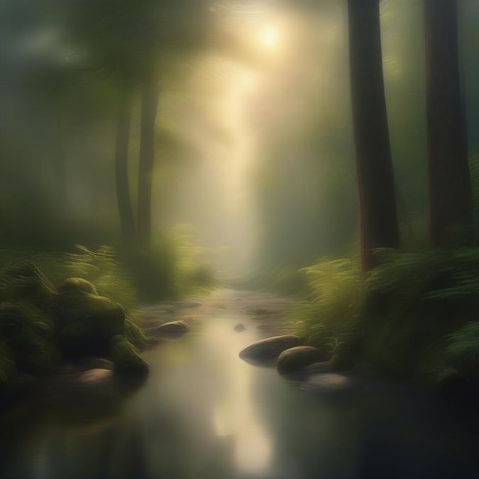 This wallpaper captures the tranquil beauty of a misty forest, with rays of sunlight filtering through the trees and reflecting off the still water. It's an inspirational scene that speaks to the serenity and healing power of nature.