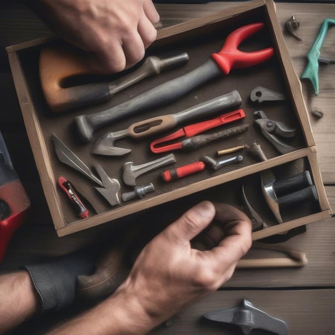 This image is a perfect representation of a Father's Day celebration, with a toolbox and tools scattered around. The toolbox is open, revealing a variety of tools, including a hammer, pliers, screwdrivers, and wrenches. The tools are neatly arranged, with each one placed in its designated spot. The background of the image is a plain gray color, which helps to focus attention on the toolbox and tools. Overall, the image conveys a sense of organization and preparedness, suggesting that the father in the image is ready to tackle any project that comes his way. It's a heartwarming and relatable image that captures the essence of Father's Day.