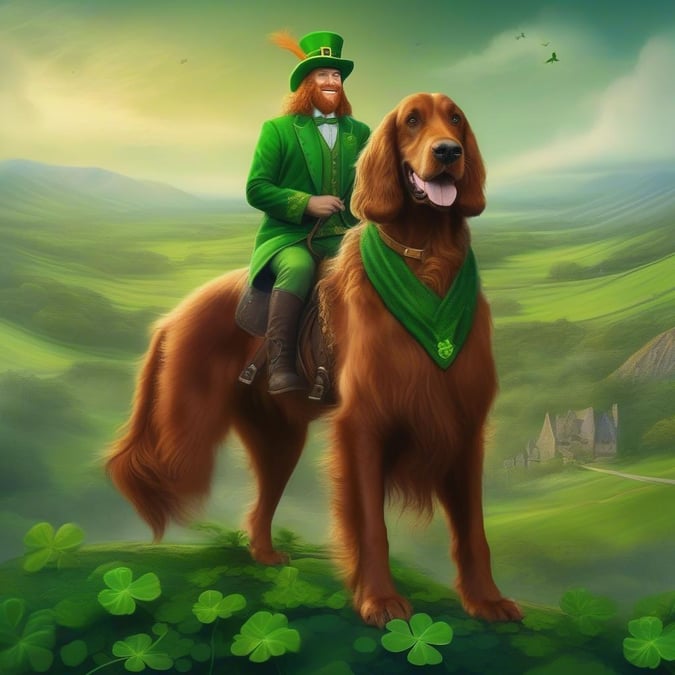 Celebrate St. Patrick's Day with this whimsical wallpaper featuring a jovial leprechaun astride an adorable corgi, ready to ride the waves of good luck.