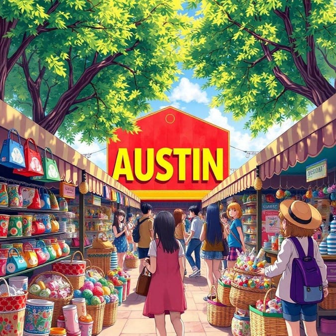 Immergiti nel vibrante mondo del vivace mercato di Austin, dove beni colorati e un'atmosfera vivace si uniscono.