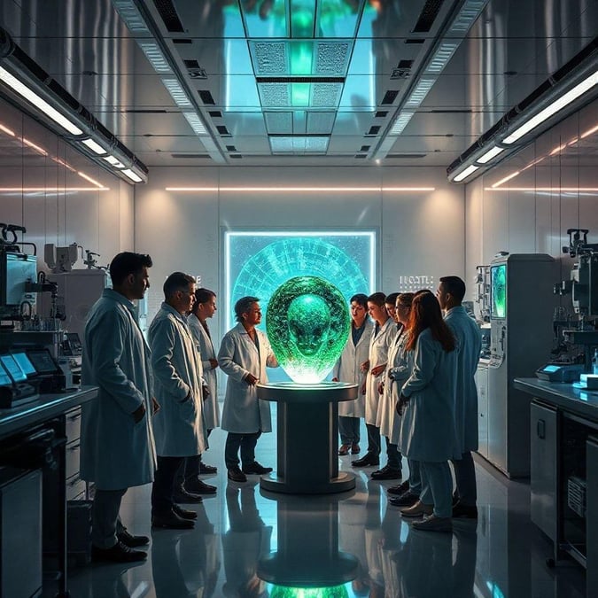 A group of scientists in a futuristic laboratory are gathered around an advanced DNA sequencer, discussing their groundbreaking findings on human genetics and the possibilities for personalized medicine.