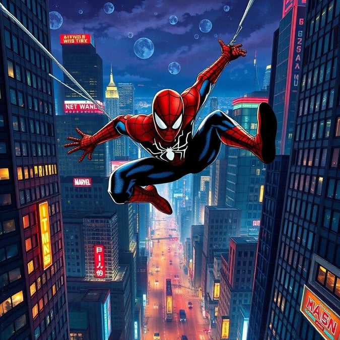 The Amazing Spider-Man soaring high over the city that never sleeps, ready to catch the baddies and save the day! 💡✨