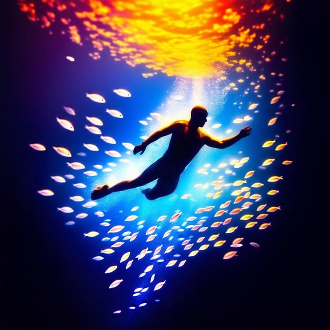 This stunning wallpaper captures the beauty of an underwater swimming scene, perfect for desktop and mobile use. The image showcases a person swimming in the ocean, surrounded by a school of fish, creating a mesmerizing and serene atmosphere.