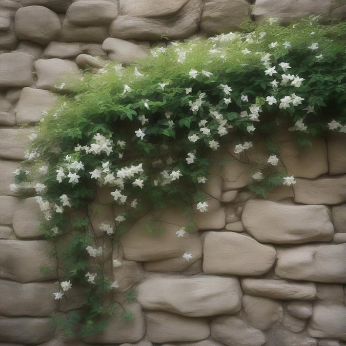 A tranquil scene with a climbing plant adorning the rough texture of a stone wall, evoking an old-world charm. The white flowers add a touch of elegance to this natural embrace of architecture.