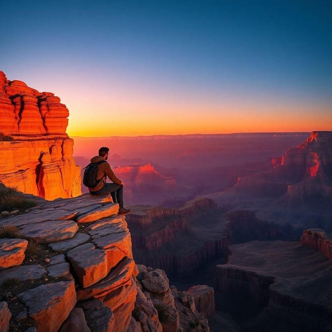 A man enjoys the breathtaking view from a rocky outcrop, basking in the warm glow of the sunset over this worldwide landmark.