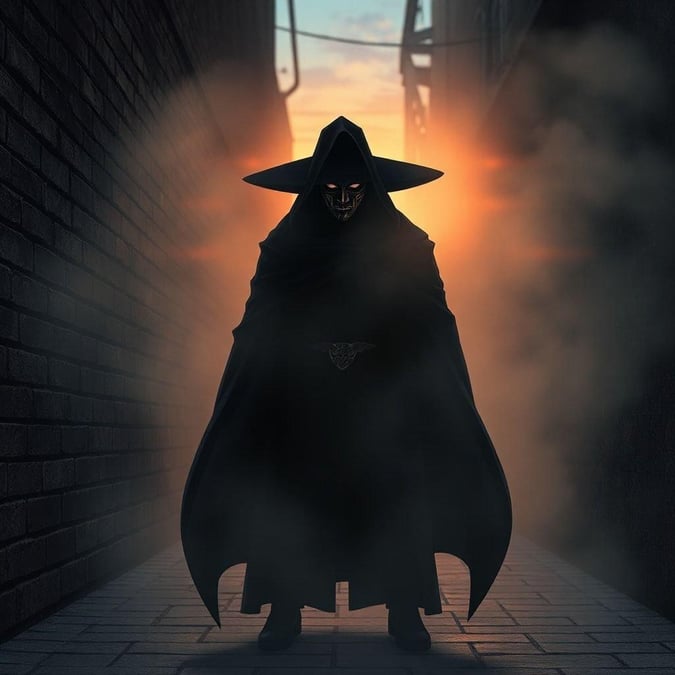 A mysterious anime character stands in a misty alleyway at dusk, adding an air of intrigue to the scene. The character's masked face and black attire create a sense of mystery.