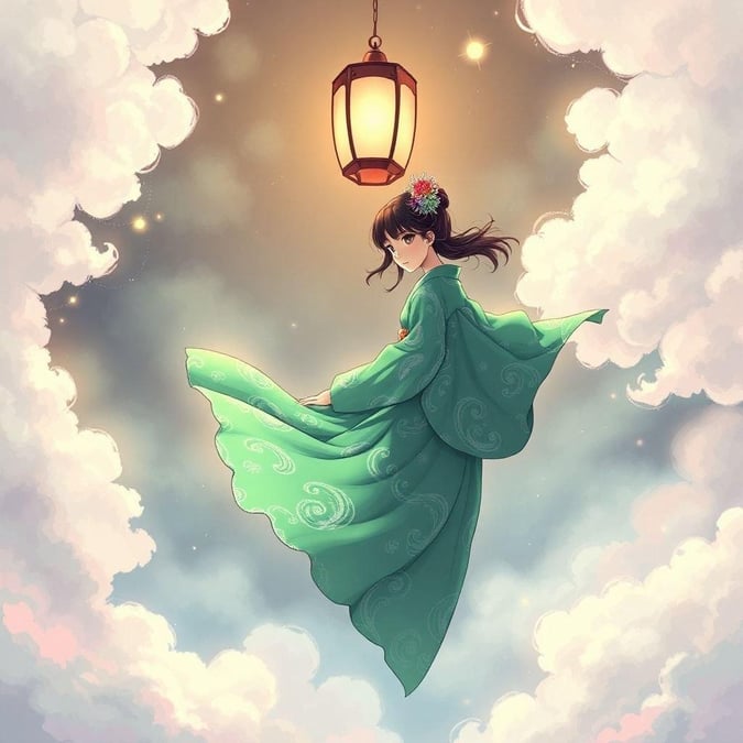 Immergiti nel mondo incantevole dell'anime con questo sfondo accattivante che presenta una geisha che fluttua in un cielo nuvoloso, emanando eleganza e mistero.