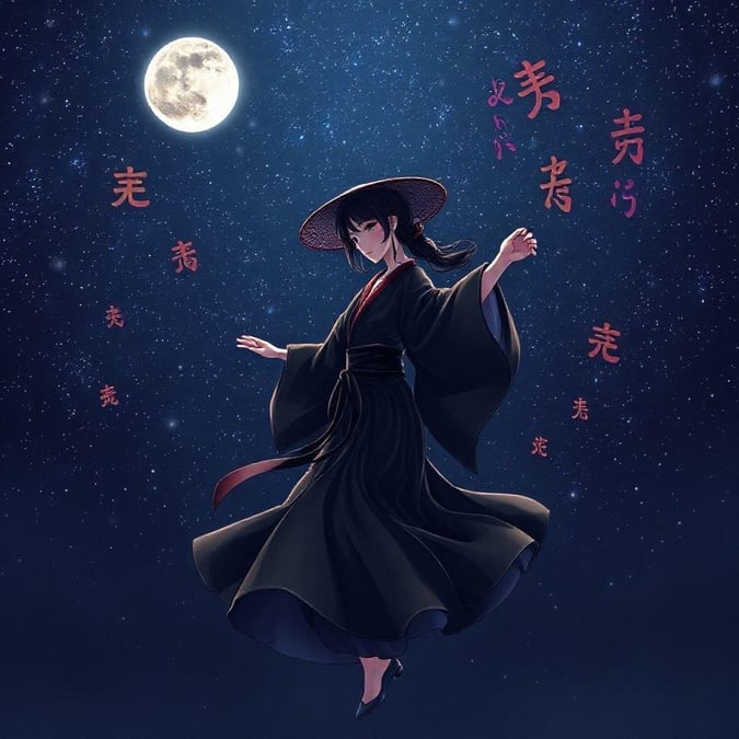 A serene anime-style kunoichi dancer, dressed in a black robe and hat, dances under a starry night sky, surrounded by kanji characters that add to the mystical atmosphere.