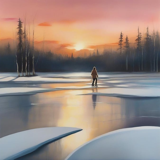 This festive winter wallpaper captures the serene beauty of a person ice skating on a frozen lake, surrounded by snow-covered trees and a breathtaking sunset. The image exudes a sense of tranquility and joy, perfect for the holiday season.