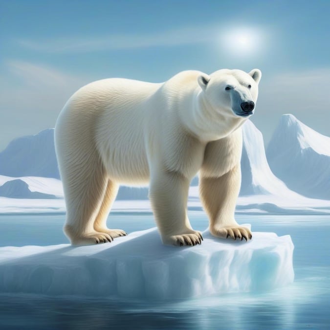 A majestic polar bear sits atop the melting edge of a glacier, embodying the vulnerability of Arctic life. The image captures a moment of calm amidst the urgency of climate change.