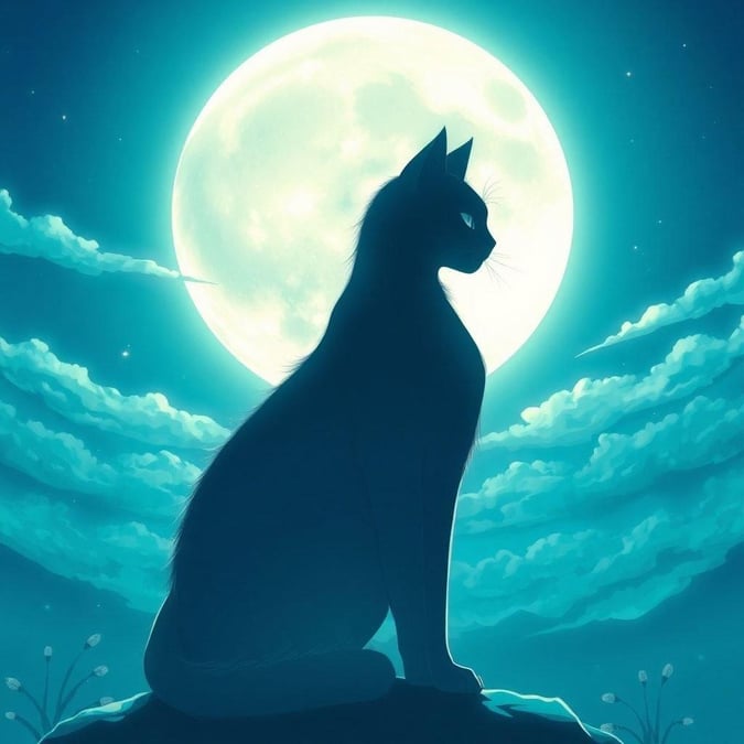 This anime-style illustration features a majestic cat goddess, her silhouette set against a breathtaking moonlit night sky. The serene scene is characterized by a harmonious blend of blue and green hues, illuminated by soft light that creates an enchanting atmosphere.