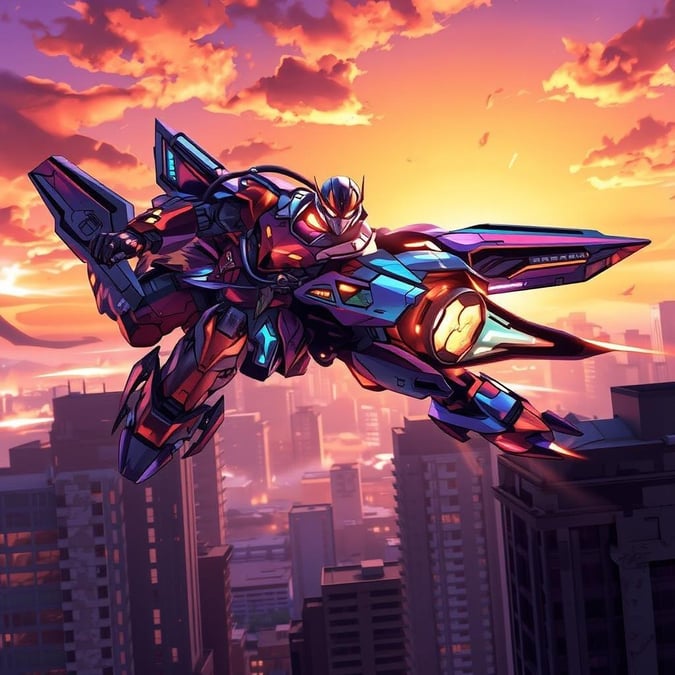 Get ready to soar into the world of anime with this stunning wallpaper featuring a rebellious mecha pilot in a vibrant red and blue outfit, flying through a breathtaking cityscape at sunset.