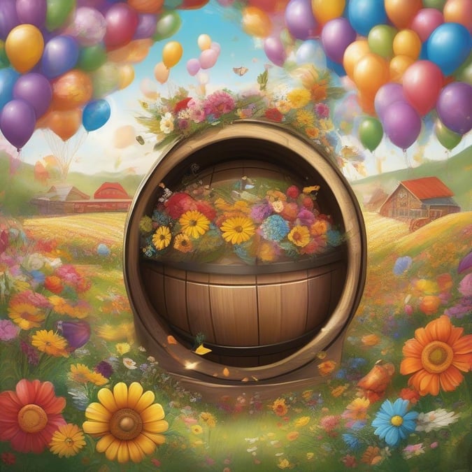 A lively outdoor festival with balloons and a barrel overflowing with vibrant flowers.