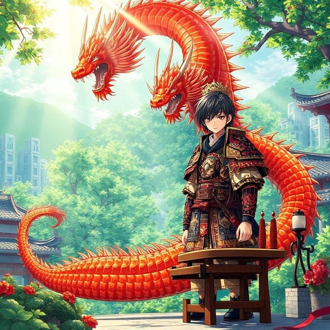 Immerse yourself in the vibrant world of anime with this stunning wallpaper featuring a young samurai and a majestic red and orange dragon.